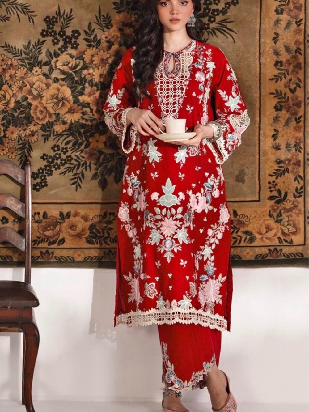 Red Embroidered Floral Kurta Set ethnic brand dress